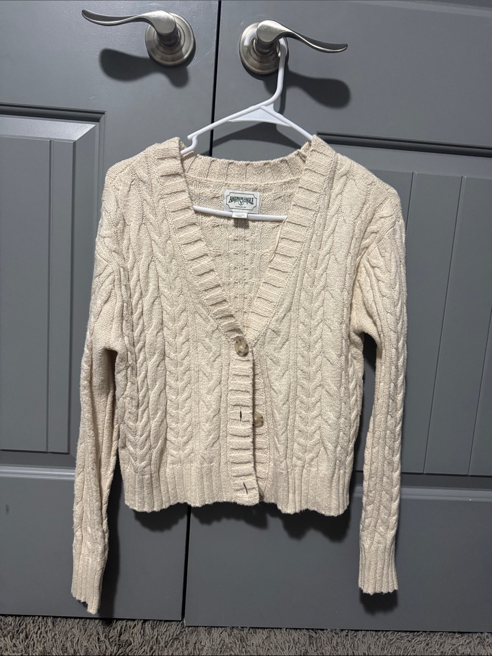 American Eagle Outfitters Cream Cable-Knit Button Cardigan